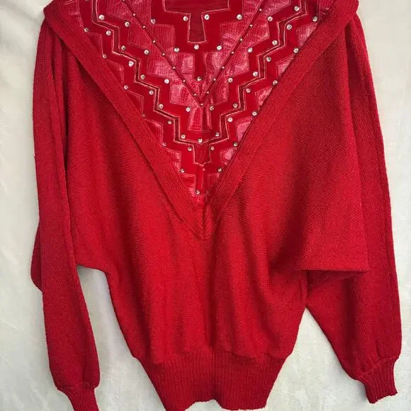 Vintage 80s Eric Steven Red Embellished‎ V-Neck Sweater Shawl Yoke Women’s M - Picture 2 of 3